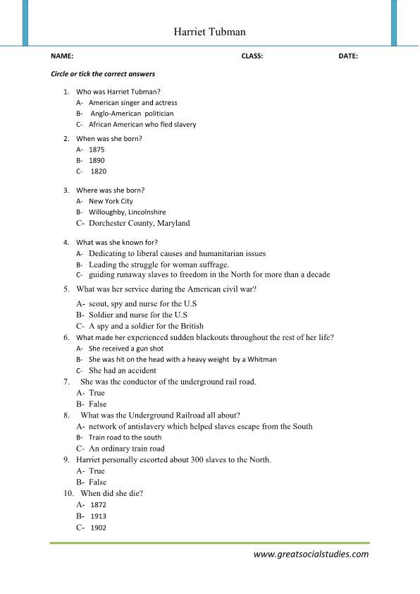 Facts about Harriet Tubman, Harriet Tubman history, work sheet | GREAT